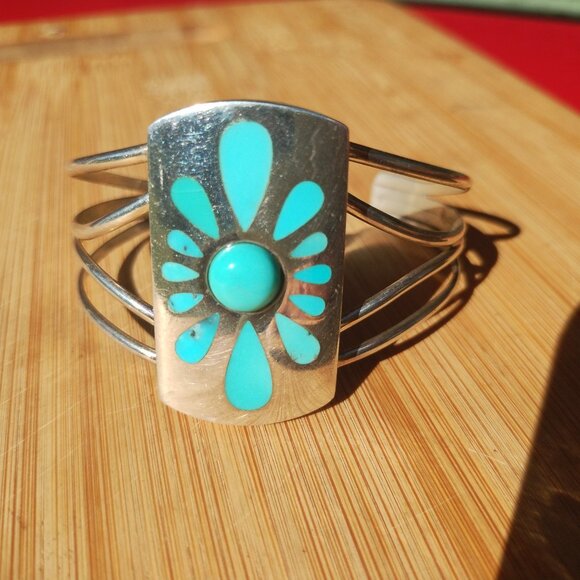 Jay King DTR mine finds large turquoise inlay cuff bracelet 925 Sterling Silver - Picture 5 of 14